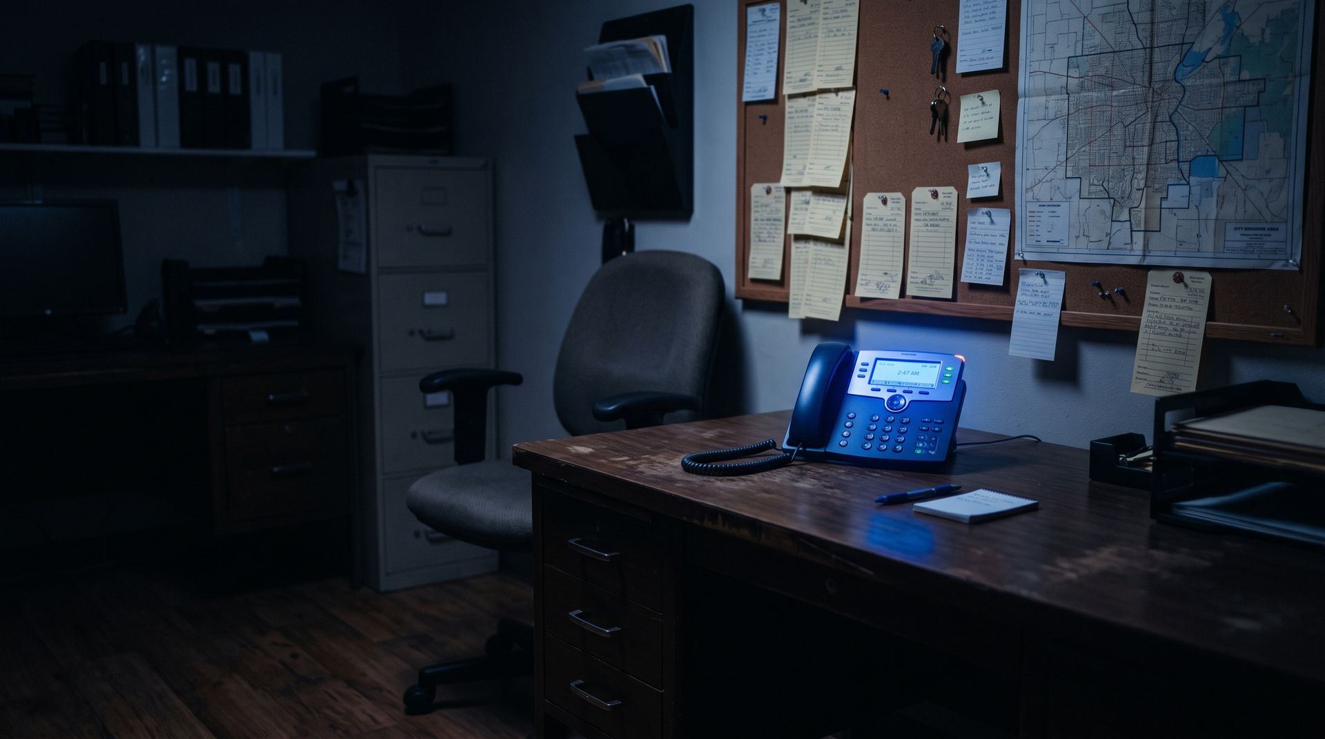 A home services dispatch office at night, one phone glowing, nobody there to answer