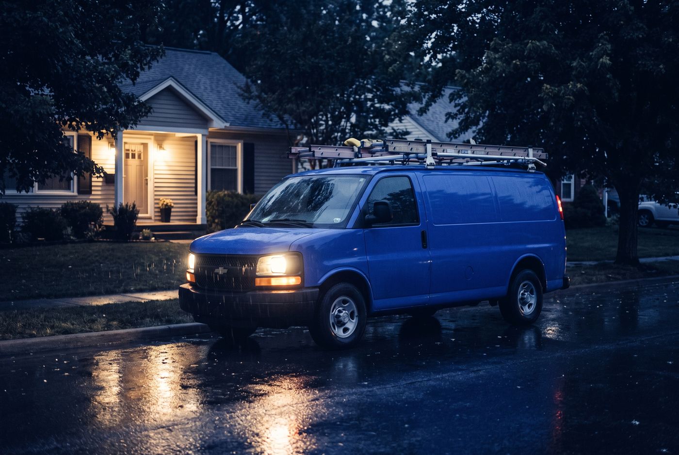 A service van rolling out at night, dispatched from a booked call